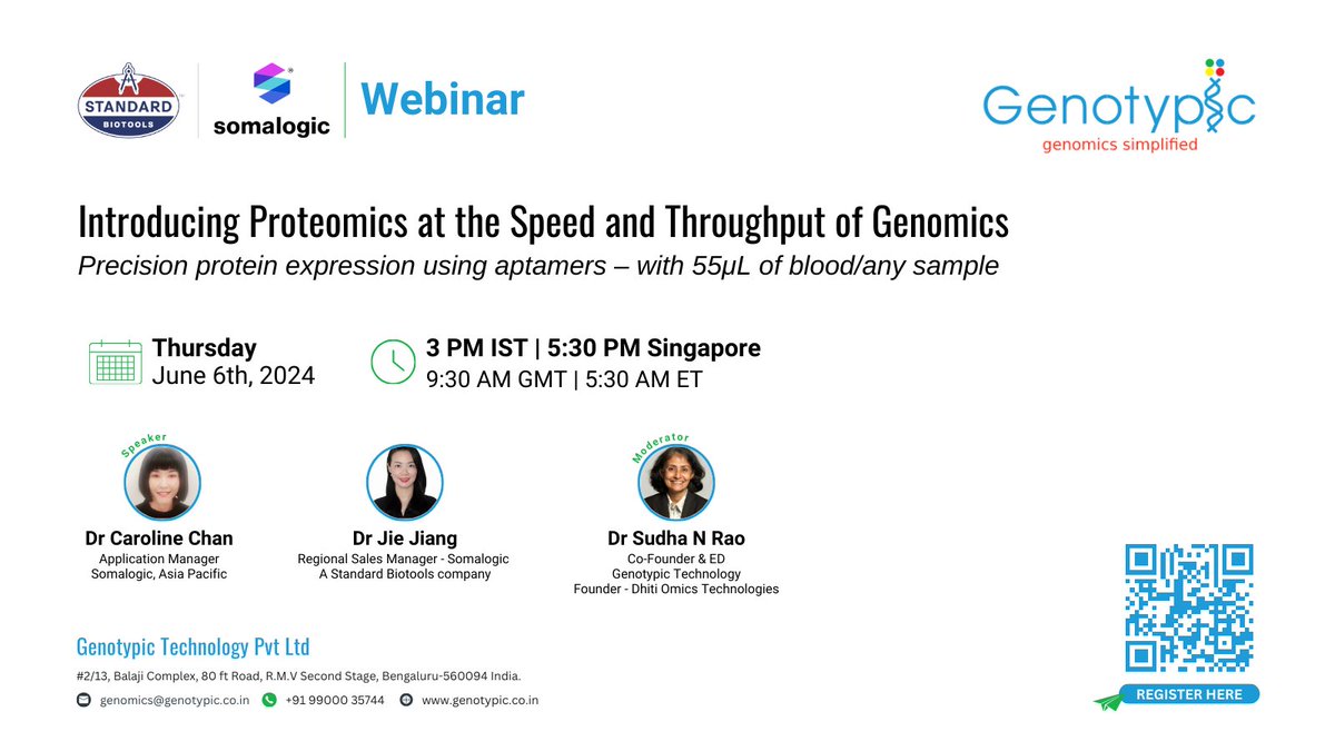 GenotypicTech's tweet image. Introducing #Proteomics at Speed, a webinar by @GenotypicTech in collaboration with
@Standard_BioT @SomaLogic
Date: June 6th, 2024 | Time: 3 PM IST
Register: forms.gle/rVrN8quJuA6fJH…
Visit genotypic.co.in/proteomics/ for more information