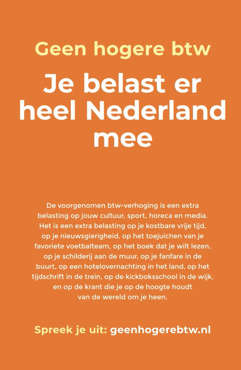 Een meer dan terechte oproep vandaag in de kranten aan PVV, VVD, NSC en BBB: draai die onbenullige btw-verhoging terug!

Laat mensen gewoon een boek lezen, een festival of theater bezoeken, of naar de sportwedstrijd of sportschool gaan.