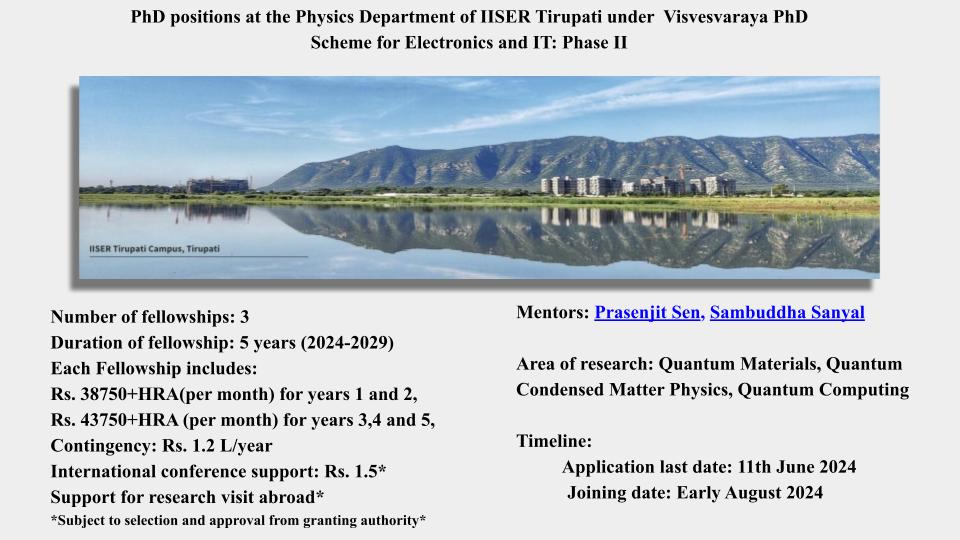 IiserTirupati's tweet image. IISER Tirupati invites candidates for PHD positions in Quantum computing.
PhD positions at IISER Tirupati in #QuantumComputingComputing , #quantummaterial under the Visvesvaraya phd scheme (phase 2)
iisertirupati.ac.in/visvesvaraya-p…
apply here: form.jotform.com/241514523552450