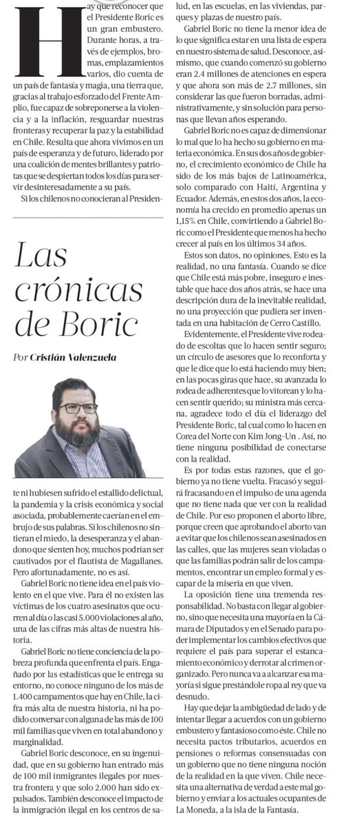 crvalenzuela's tweet photo. El Presidente Boric vive en un mundo de fantasia y ayer hizo un relato imaginario de su país ideal. Mi columna sobre la cuenta pública en @latercera https://t.co/DAWz2W6EEf