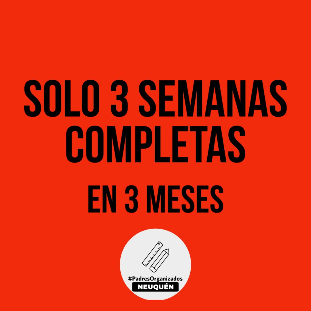 padresorgnqn's tweet image. 3️⃣ meses
Solo 3️⃣ semanas de 5️⃣ días de clases para los chicos de primaria en Neuquén.

Marzo 0️⃣
Abril 2️⃣
Mayo 1️⃣

@Rolo_Figueroa @soledezapala ¿Cuándo informarán cómo garantizarán los 180 días de clases que marca la ley?
#SinClasesNoHayEducación 
#QueEntiendanLoQueLean