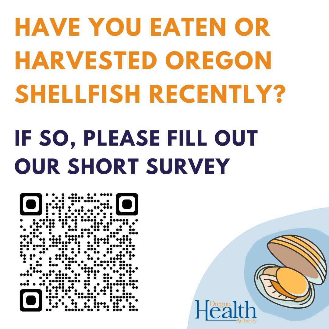 OHAOregon's tweet photo. State health officials are asking people who recently harvested or ate any shellfish from the Oregon Coast to complete a survey as part of an investigation of illnesses linked to shellfish biotoxins.

For more information, read our news release: https://t.co/s2Zsr96KrI https://t.co/MIPzdcDIvn