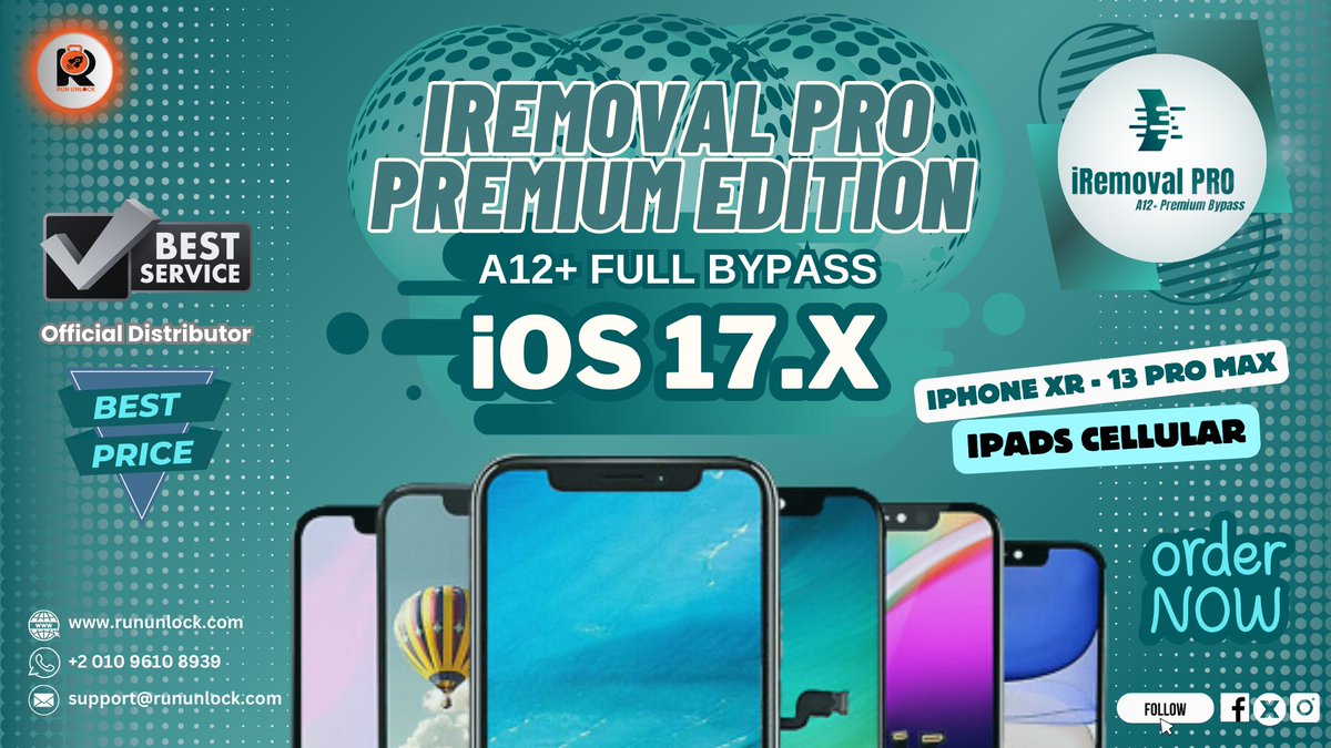 RunUnlock's tweet photo. iRemoval PRO Premium Edition 2.0  
iCloud Bypass A12+  
SUPPORT iOS 17.X FULL BYPASS   
Supported iPhone &amp; iPad Cellular   
Official Distributor 
Best Price for Reseller and Web Owner 
Order Now 
https://t.co/319KGSgNJt
Follow News and Service Updates   https://t.co/KGJZUg3kTh https://t.co/WzQOkWldPq