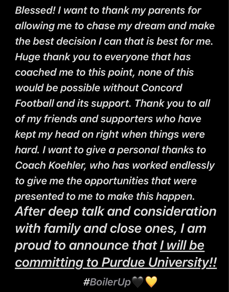 COMMITTED!!! #BoilerUp 
<a href="/CoachConard/">Coach C (Conard)</a> <a href="/CoachKoehlerCHS/">Craig Koehler</a> <a href="/CoachPherson/">CoachPherson</a> <a href="/PrepRedzoneIN/">Prep Redzone Indiana</a> <a href="/IndianaPreps/">Indiana Preps</a> <a href="/BoilerFootball/">Purdue Football</a>