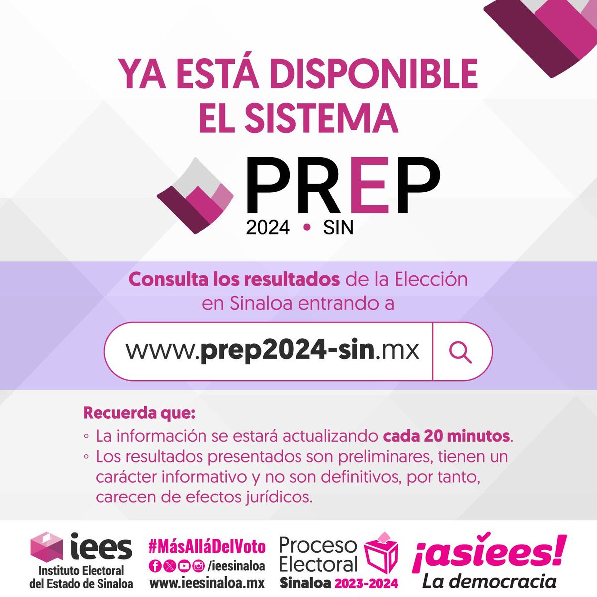 IEESINALOA's tweet photo. Ya está disponible el Sistema PREP.
Consulta los resultados de la Elección en Sinaloa en: https://t.co/iNRMxkAnnt

Recuerda que el sistema se estará actualizando cada 20 minutos y los resultados presentados son preliminares, tienen un carácter informativo y no son definitivos. https://t.co/WGcT2OQxof