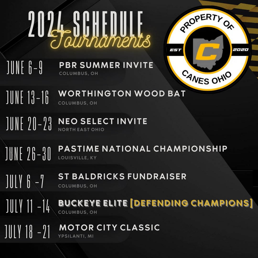 Check out our schedule for 2024.  Come see us or follow the games on Game Changer "Canes Ohio 16U" #canesgang