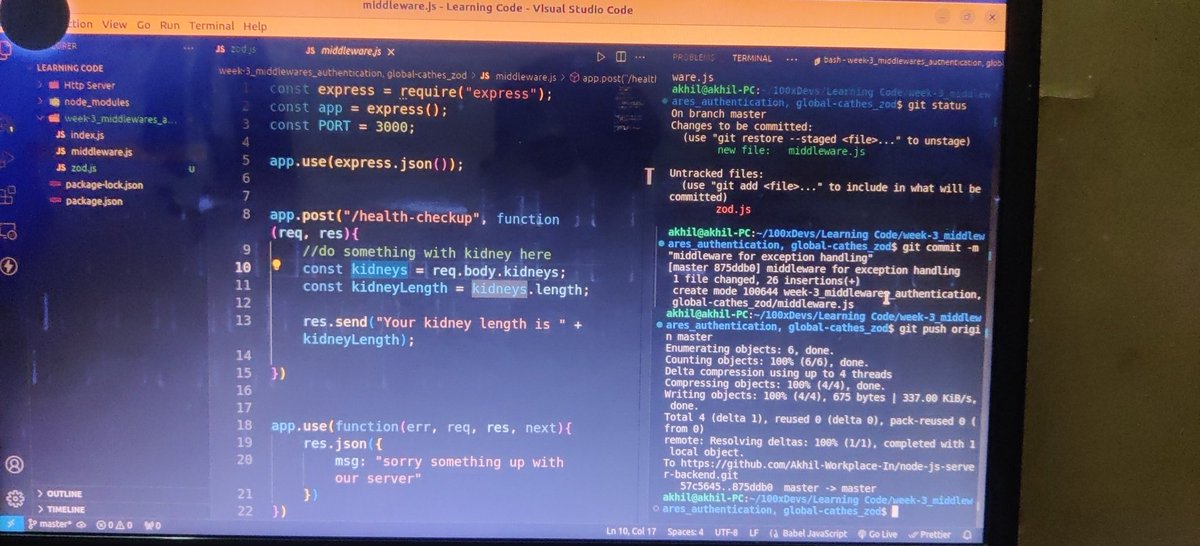 AkhilWorkplace's tweet photo. ⚠️  Error Handling 

===> Global caches
Used exception handling middleware to handle input validation at backend server in node js ( using global caches)
``` app.use(function(err, req, res, next)
#FullStack #Javascript #NodeJs #ExpressJs #100DaysOfCode #ServerSideDevelopment https://t.co/NkUzRVC8GO