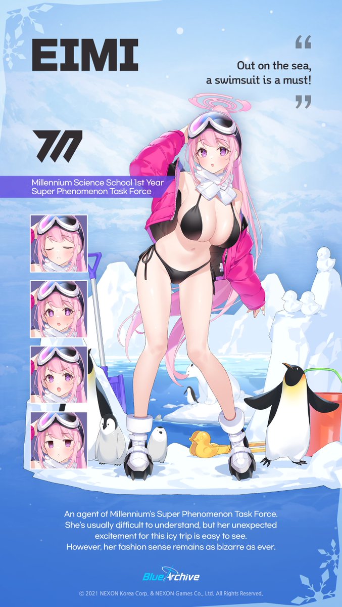 EN_BlueArchive's tweet photo. [Student Intro: Eimi (Swimsuit)]

Eimi's wearing swimsuit at the glacial sea, the one where the Decagrammaton's signal was found!

Himari had to bundle up... How is Eimi not cold in this weather? >_<;

#BlueArchive https://t.co/a27ayJWfWE