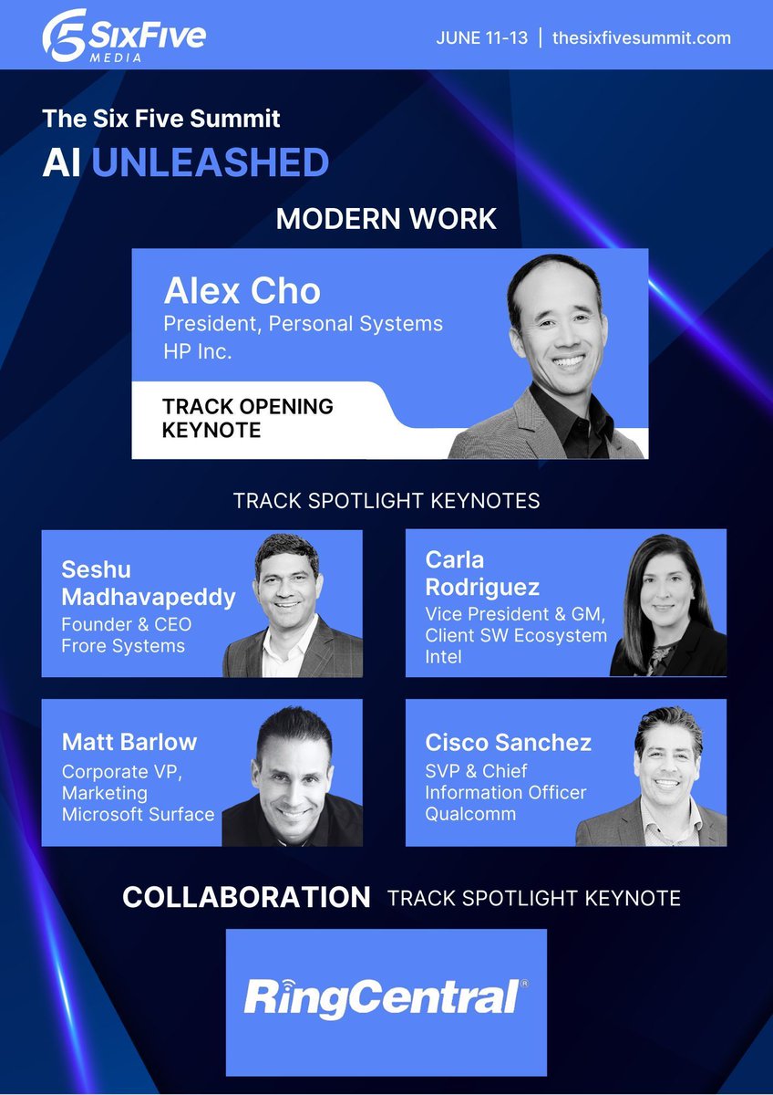 💼 Reimagine the future of work with AI at #SixFiveSummit24! The Modern Work track features visionaries from @HP, @Qualcomm, @intel, and more, sharing insights on how AI is revolutionizing the workplace. Join the conversation: buff.ly/3VnWYIL