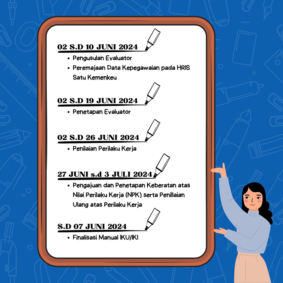 kppn_mataram's tweet photo. Selamat pagi, #SobatInTress
Sudah menilai perilaku? Ayo lihat tanggal-tanggal penting terkait Jadwal Evaluasi Kinerja Pegawai Triwulan II 2024. Harap lakukan pada kesempatan pertama yaaa.
Jangan sampai lupa! https://t.co/dS09YWPDj2