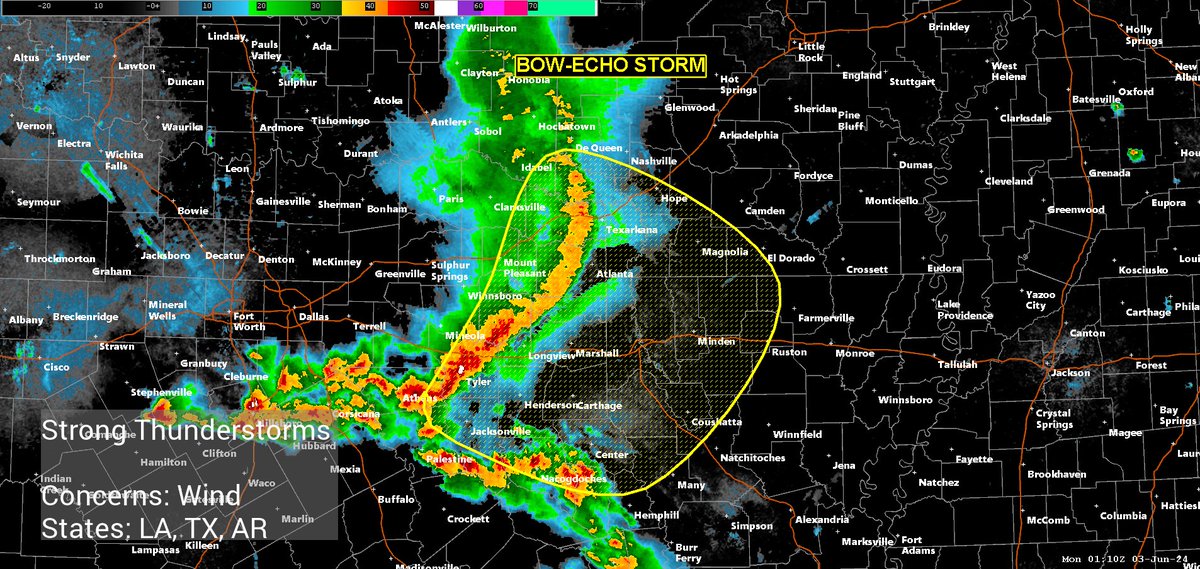 FrontlineWX's tweet photo. LWC Severe Warning: Latest radar data and on-ground weather stations indicate a strong bow-echo storm with gusts potentially up to 70MPH (Expires: 11:00 PM CDT) #LAwx #TXwx #ARwx https://t.co/PfKnHza26P