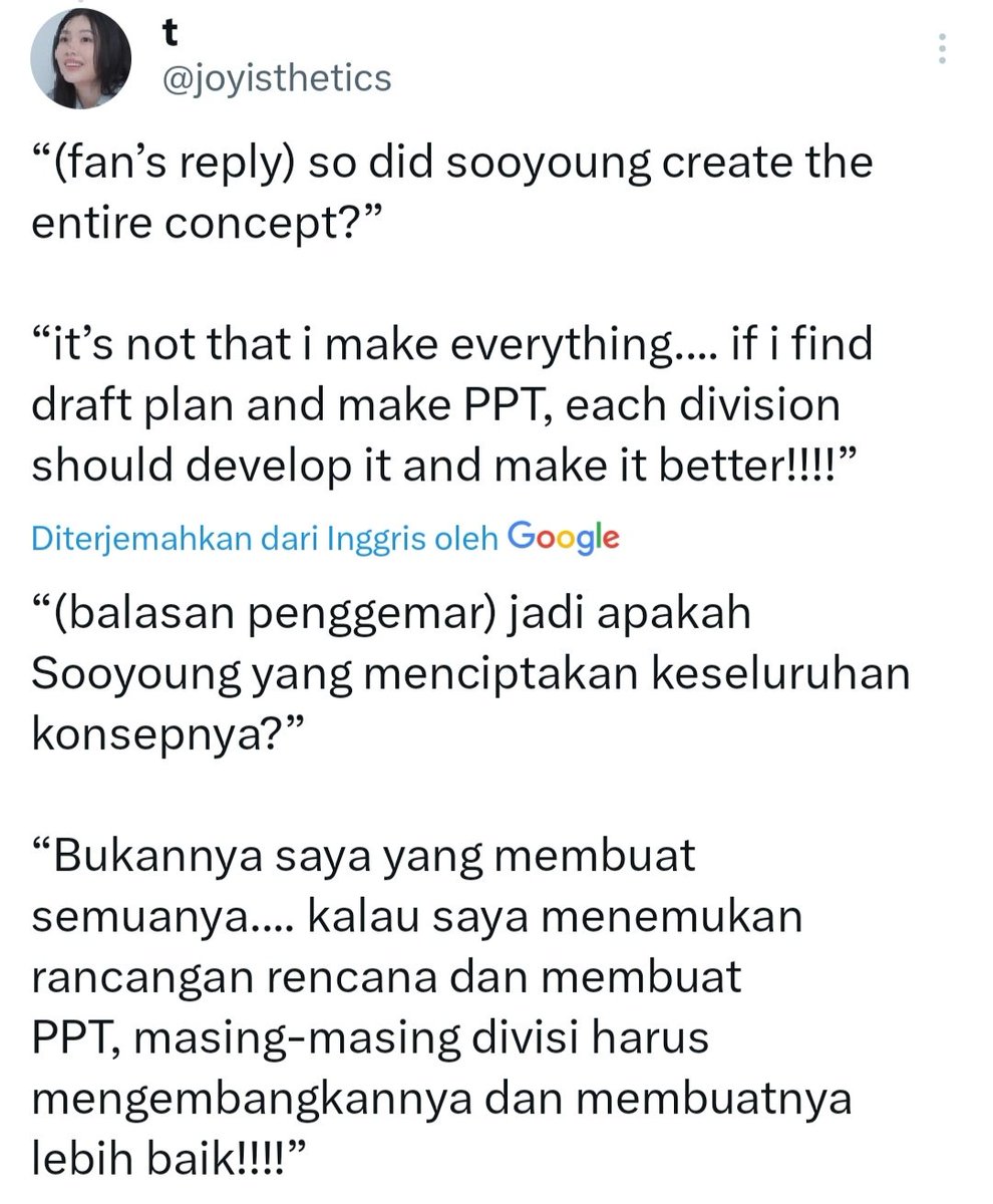 -star Joy cerita kalo awalnya k.o.s.e.p lagu yg diusulin Center 3 tuh gk cocok sama sekali sama identitas Red Velvet. jadi Joy tiap malem begadang bikin PPT buat ngasih tambahan ide tentang CB ini.

Joy 🥹❤️