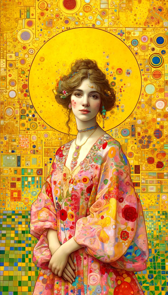 222TT222's tweet photo. Homage to "#EugeniePrimavesi" painted by #Klimt: An imaginary member of the #Primavesi family. #DALLE #クリムト #オイゲニアプリマフェージの肖像 <<Eugenie Primavesi and her husband, #OttoPrimavesi, were significant patrons of the Austrian painter Gustav Klimt. They were prominent business figures in early 20th-century #Vienna and played a crucial role in supporting the arts and culture of the time. Eugenie was particularly captivated by Klimt's work, and she and her family became known as models for some of his paintings.>>