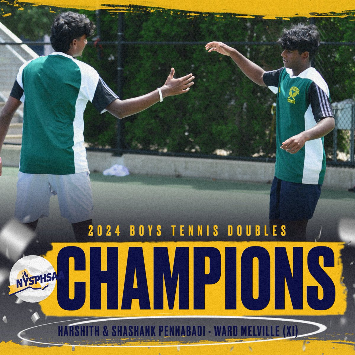NYSPHSAA's tweet photo. CONGRATS CHAMPS🎉🏆

🏈From Cortland - INAUGURAL Flag Football Champions, Plainview-Old Bethpage and Bishop Kearney. 

🎾From Flushing - Boys Individual Tennis Champions, Drew Fishback in the Singles bracket and Harshith &amp; Shashank Pennabadi in the Doubles Bracket. 

#NYSPHSAA https://t.co/S8TBneXQYH