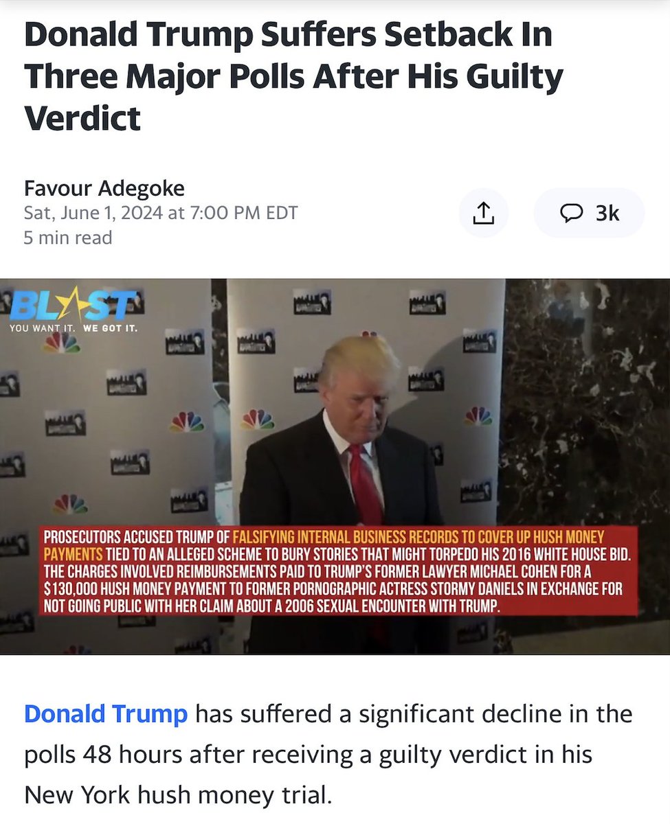 OUCH: Trump has suffered a significant decline in the polls 48 hours after receiving a guilty verdict in his New York hush money trial. See the numbers here: bit.ly/3VmKQI6 #VoteBiden2024