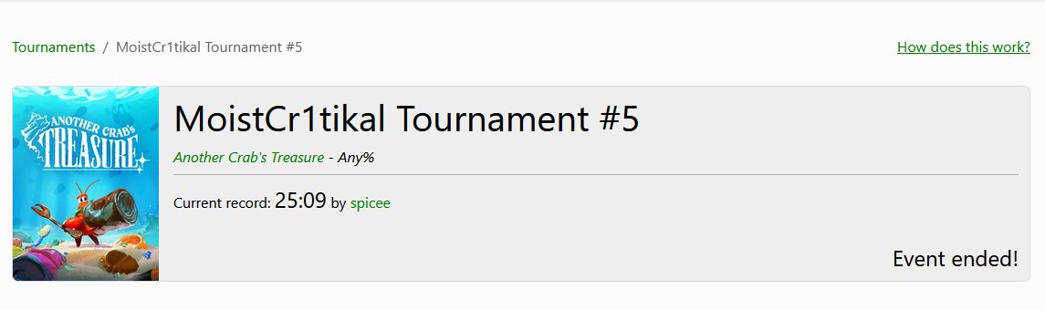 Shout out for the winner of <a href="/MoistCr1TiKaL/">Charlie</a>'s Another Crab's Treasure bounty, <a href="/spiceeTV/">spicee</a>, who ended the week with the Any% Restricted world record of 25:09 🏆