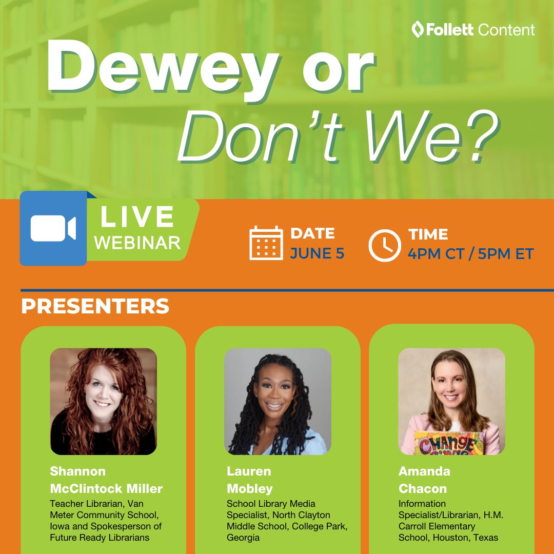 follettcontent's tweet photo. Register here: https://t.co/rysJ2s399F | Join @thelibraryvoice, @thegoodread, and @MobleyintheMix on June 5 for this lively discussion around the benefits of both genrefication and Dewey.

#SchoolLibrarian #EdWebinar #TLChat #EdChat #DeweyDecimal #Genrefication #FollettWebinar https://t.co/T75YNxwXQB