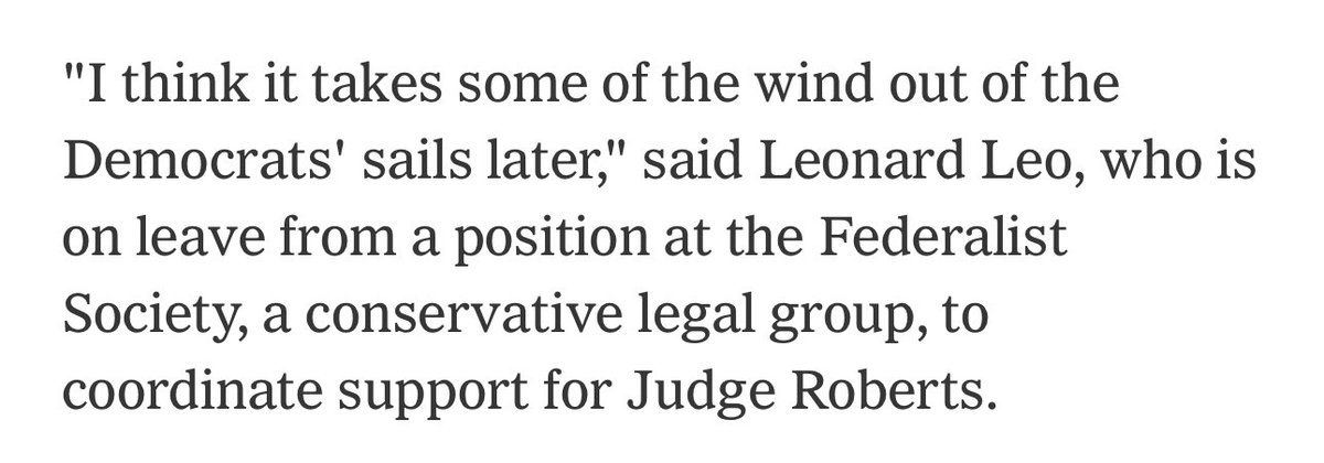 How many times has Leonard taken a “leave” from FedSoc to deliver us the worst Supreme Court justices? And has this pattern ever been noted? 

'I think it takes some of the wind out of the Democrats' sails later,' said Leonard Leo, who is on leave from a position at the