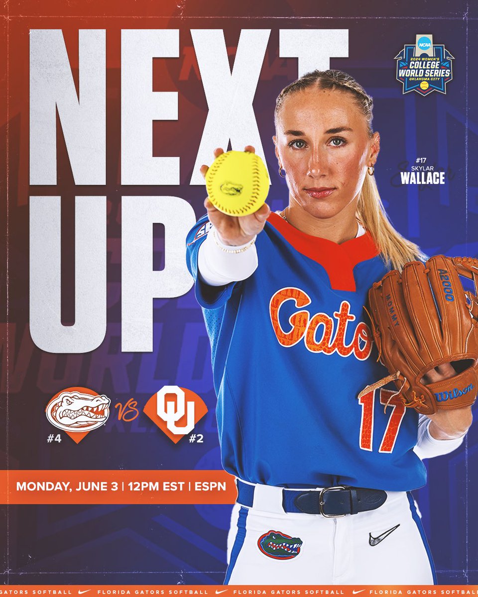 GatorsSB's tweet photo. 2024 WCWS Semifinals ⤵️ 

🆚 No. 2 Oklahoma 
🗓️ Monday, June 3
🕛 12PM EST. 
🎟️ https://t.co/456KuKuZnQ

#GoGators https://t.co/WoLhIdzvFa