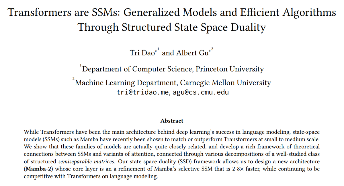 arankomatsuzaki's tweet photo. Transformers are SSMs: Generalized Models and Efficient Algorithms Through Structured State Space Duality

Presents Mamba-2, which outperforms Mamba and Transformer++ in both perplexity and wall-clock time

https://t.co/Sd3J3kPG5W https://t.co/C2nAisXcoN