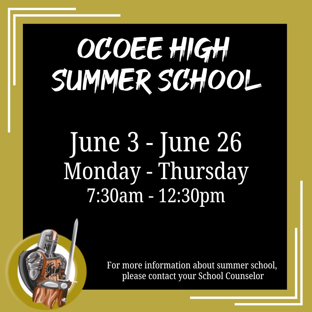 Summer school starts tomorrow. Breakfast starts at 7am. Class starts at 7:30 sharp! If you have below a 2.0 gpa or failed a core course, we will see you tomorrow. How quick you finish summer school will depend on how hard you work! See you tomorrow Knights. @hsdocps