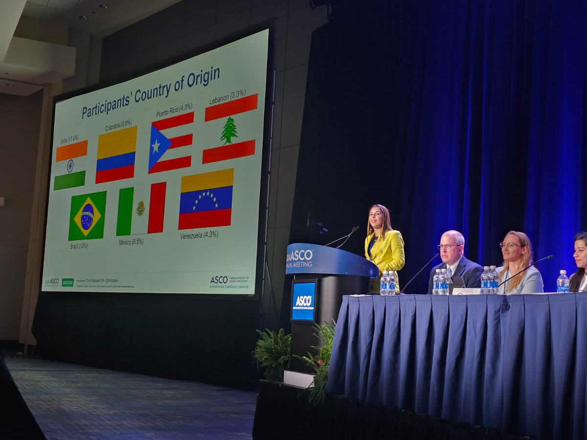 Florez_Lab's tweet photo. When #ASCO24 staff asks you to get on the stage for pictures, you oblige- and take the best photos ever✅

#Florezlab representation at @COlazagasti's  #GoingBackHomeStudy oral abstract session➡️ accurate representation of the study, with many countries represented in the lab‼️ https://t.co/dNUpDbbiSY