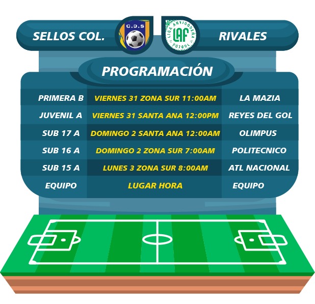 ClubSellos's tweet photo. Un nuevo fin de semana lleno de fútbol,retos y desafíos para los equipos de las diversas categorías de Sellos Colombianos en los torneos de la LAF. ¡Vamos con toda por nuevas victorias! https://t.co/Jt4p8A1k4A