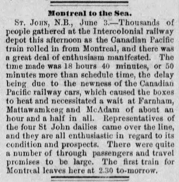 TORailwayMuseum's tweet photo. Jun 2, 1889: @CanadianPacific begins passenger service over its newly completed Short Line to New Brunswick across the state of Maine. In order to generate publicity, CP invited several reporters to accompany the first trip between Montreal and Saint John, New Brunswick. https://t.co/qN6tEHoT3w