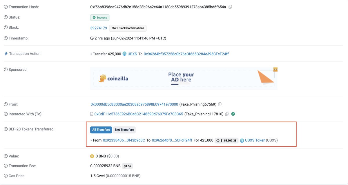 PeckShieldAlert's tweet photo. #PeckShieldAlert #Phishing An address (0x9233...9d3C) fell victim to phishing by #Fake_Phishing67569 on #BNBChain, resulting in the loss of ~425K #UBXSToken ($UBXS) (worth ~$116K) https://t.co/hC0WTXdWFk