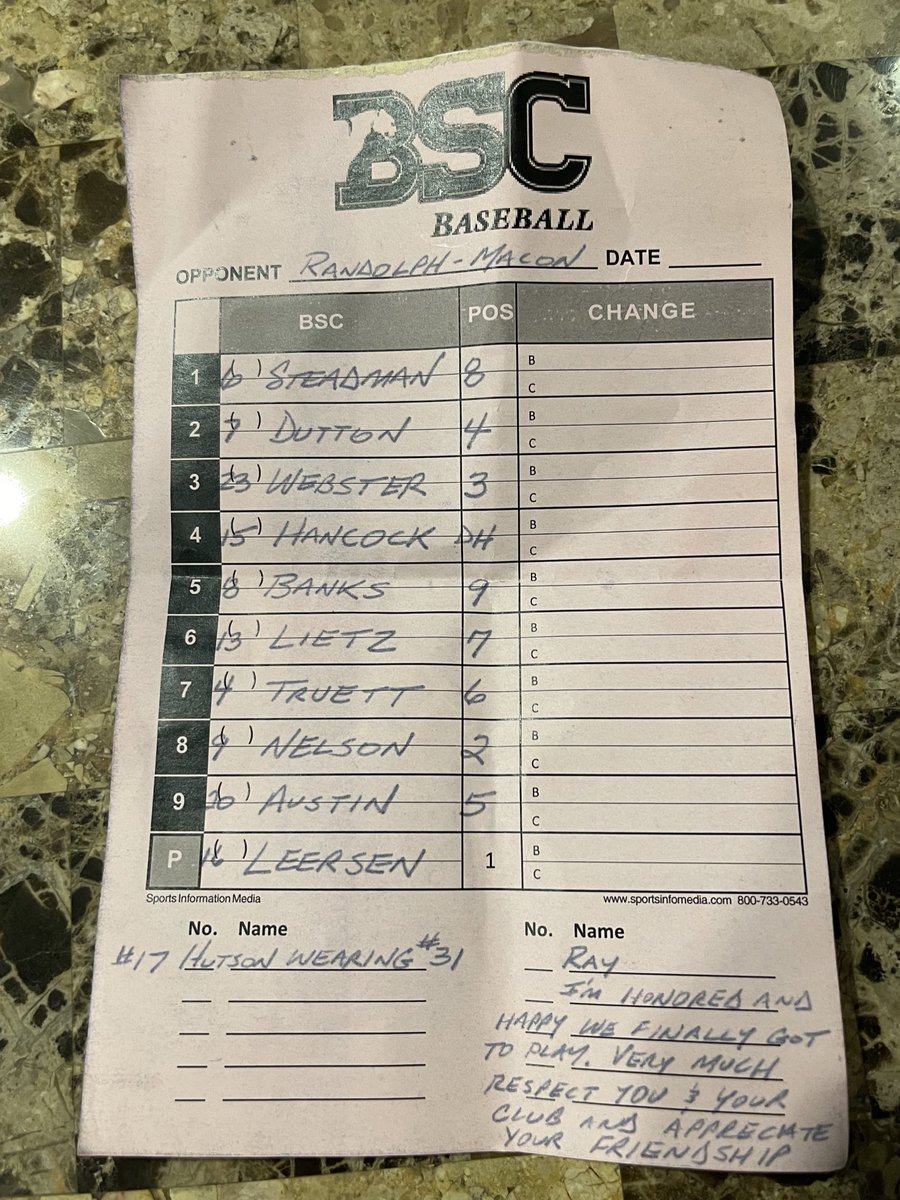 𝐈𝐫𝐚 𝐓𝐡𝐨𝐫 🎙 (@irapthor) on Twitter photo Just to show what kind of amazing human being <a href="/BSCBaseball/">BSC Baseball</a> head coach Jan Weisberg (<a href="/Janw38/">Jan Weisberg</a>), this is note he wrote on lineup card he handed to <a href="/RMCathletics/">Randolph-Macon College Athletics</a> ⚾️coach Ray Hedrick before their game on June 1. I’m blessed to call Jan and Ray friends. (Shared with Jan’s blessing) Just to show what kind of amazing human being <a href="/BSCBaseball/">BSC Baseball</a> head coach Jan Weisberg (<a href="/Janw38/">Jan Weisberg</a>), this is note he wrote on lineup card he handed to <a href="/RMCathletics/">Randolph-Macon College Athletics</a> ⚾️coach Ray Hedrick before their game on June 1. I’m blessed to call Jan and Ray friends. (Shared with Jan’s blessing)