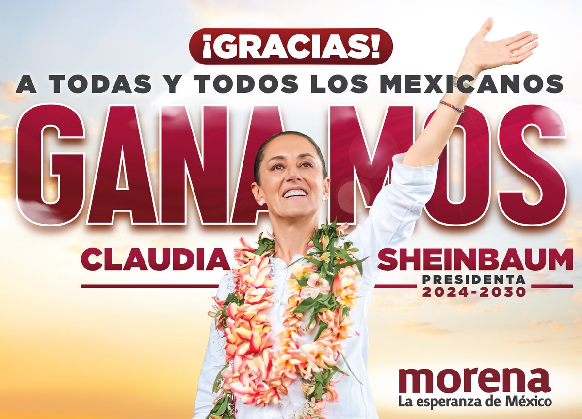 ¡GANAMOS!
@claudia_shein será la primera presidenta de México, y con ella seguirán el bienestar, la transformación y el Humanismo Mexicano. ¡No le vamos a fallar al pueblo de México! #ClaudiaPrimeraPresidenta #VictoriaDelPueblo #AhomeConClaudia