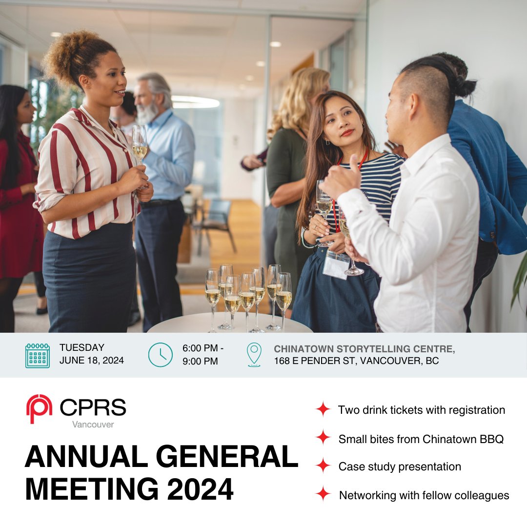 Join us for an engaging evening at the 2024 AGM featuring a captivating case study on the revitalization of Vancouver's historic Chinatown. 
Don't miss this opportunity to enjoy a delightful evening with the CPRS community! Secure your spot today: bit.ly/4ahhD5y.