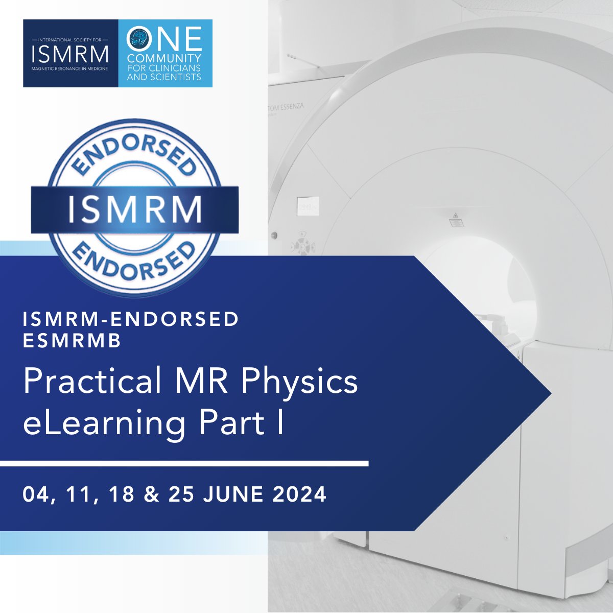 Last chance to register for the ISMRM-Endorsed ESMRMB event: Practical MR Physics eLearning - Part I Register now: ow.ly/PBQT50S4PYh Online registration will close on 03 June 2024 at18:00 UTC. #ESMRMB #ISMRM #ISMRT #MRI #MagneticResonance #MR #MedicalImaging