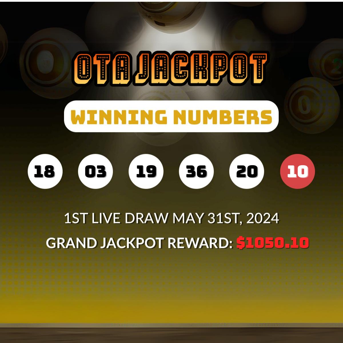 Imota_app's tweet photo. [WINNING RESULT] OTA JACKPOT LIVE DRAW 31st MAY 2024 👉 There're 378 winning tickets 👇
🎁 Detail: https://t.co/P9t55gwbQg

The 1st Live Draw of the Ota JackPot successfully found out 378 winning tickets for 2nd and 3rd prizes! Congratulations to you guys! 

💥Special - Ota JackPot Update: To rise your winning possibilities, we are now offering the WEEKLY DRAW instead of the monthly draw. The next draw is June 7, 2024
🎱 The unmatched tickets will be preserved for the next draws until we figure out the Grand JackPot winner
🎱 The JackPot Grand Prize will automatically be increased by $250 for next week’s draw

#OtaJackpot #OtaScratch #LiveDraw #JackPot #lottery #earning #web3earning #Imota