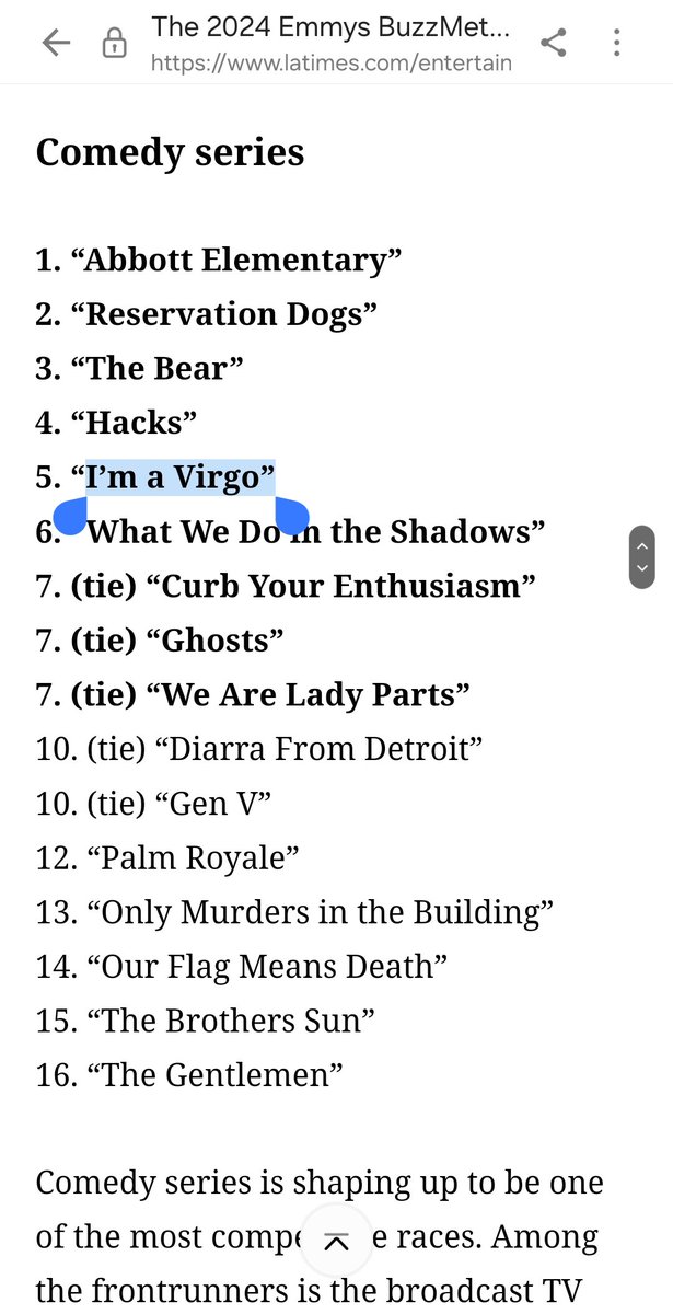 That Yo. 
<a href="/latimes/">Los Angeles Times</a> 6 critic panel also says I'm A Virgo is a strong Emmy contender for best comedy series