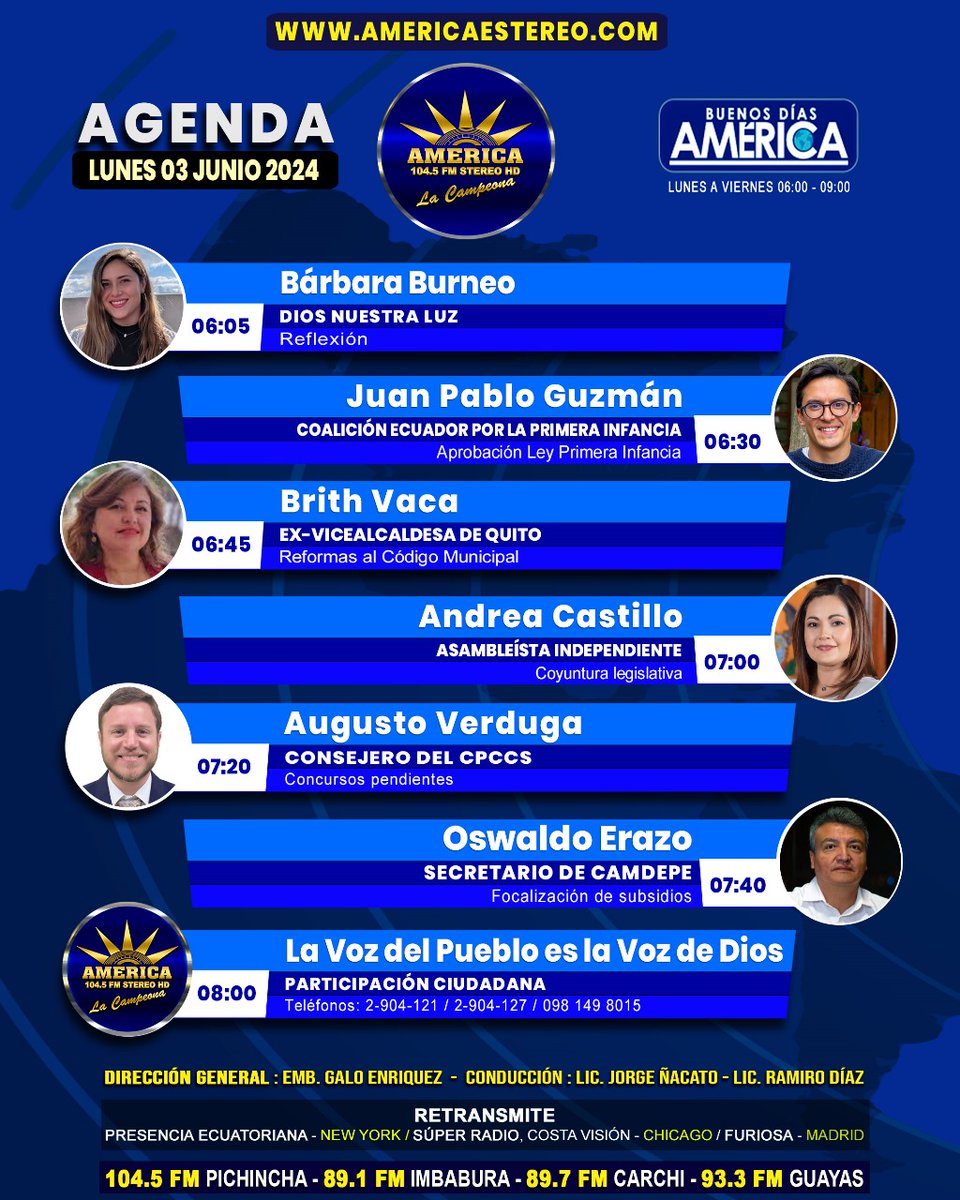 📰 [AGENDA]
🗓 Lunes 03 de Junio 2024
🔴 Noticias de actualidad #nacional e #internacional en #BuenosDíasAmérica.
#BarbaraBurneo
#JuanPabloGuzman
#BrithVaca
#AndreaCastillo
#AugustoVerduga
#OswaldoErazo

#analista #politica  #noticias #entrevistas #radionoticias #noticiasec