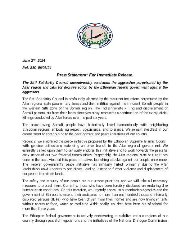CouncilSitti's tweet photo. Sitti Solidarity Council unequivocally condemns the Afar militias aggression. https://t.co/78bonuaYs1