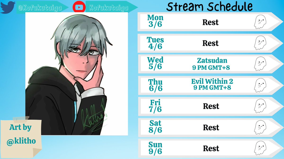 KofukuTaiga's tweet photo. Hey Ghosties, I am back! Here is this week's schedule Hope you can join the stream ૮₍ ˶ᵔ ᵕ ᵔ˶ ₎ა

Art by @/quacky_01132 (Klitho)

Here are the Tags:
🔴Live:#SpookyTime
🎨Art:#TaigART
👻Fan:#Ghosties
😜Meme:#GhosThings

#ENVtubers #Vtuber #MYVT #MalaysiaVTuber #VTuberUprising https://t.co/m4hutbZ0Ob