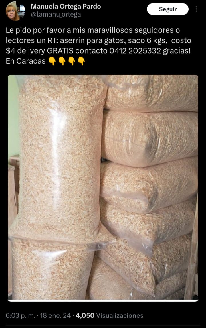 Hola 👋 junto con mis estupendos seguidores, sigo con la distribución de aserrín de excelente calidad, $4 con delivery gratis, para gatos en Caracas, por favor 🙏 un RT