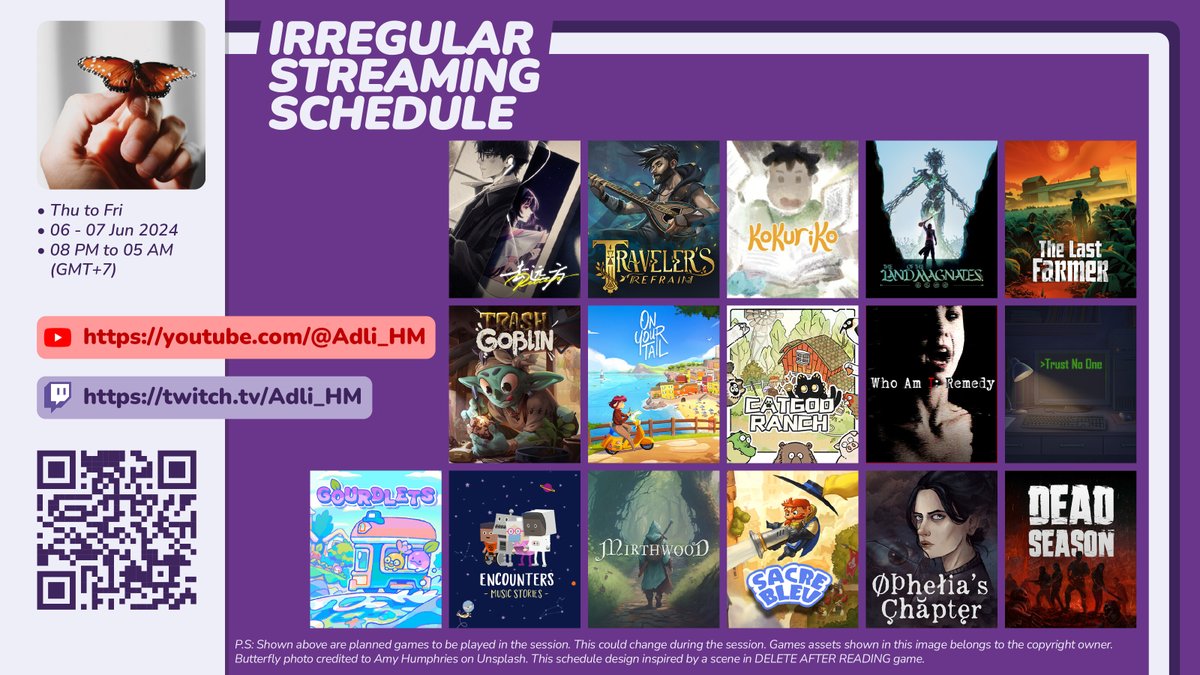 And:

..., Kokuriko (<a href="/ManInBackGames/">The Man In The Back</a>), Ophelia's Chapter (<a href="/redteargames/">redteargames</a>), The Last FARMER (Geekon), Mirthwood (<a href="/bad_ridge_games/">Bad Ridge Games</a>), ...

Catch me live at twitch.tv/Adli_HM and youtube.com/@Adli_HM :) Thx

*subject to change.
- Tweet 2/4