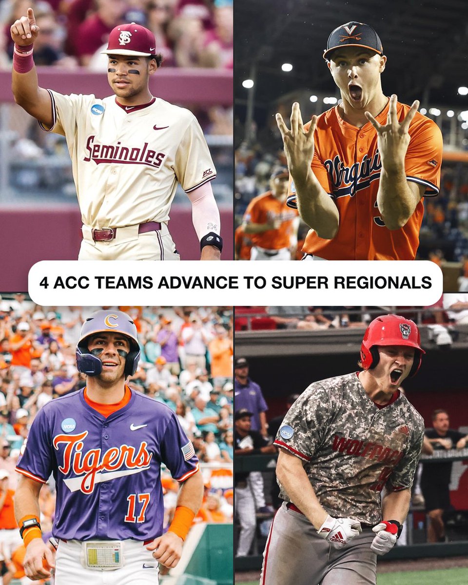 🍢 <a href="/FSUBaseball/">FSU Baseball</a> 
⚔️ <a href="/UVABaseball/">Virginia Baseball</a> 
🐅 <a href="/ClemsonBaseball/">Clemson Baseball</a> 
🐺 <a href="/NCStateBaseball/">NC State Baseball</a> 

Four <a href="/ACCBaseball/">ACC Baseball</a> teams punched their tickets to Supers on Sunday‼️