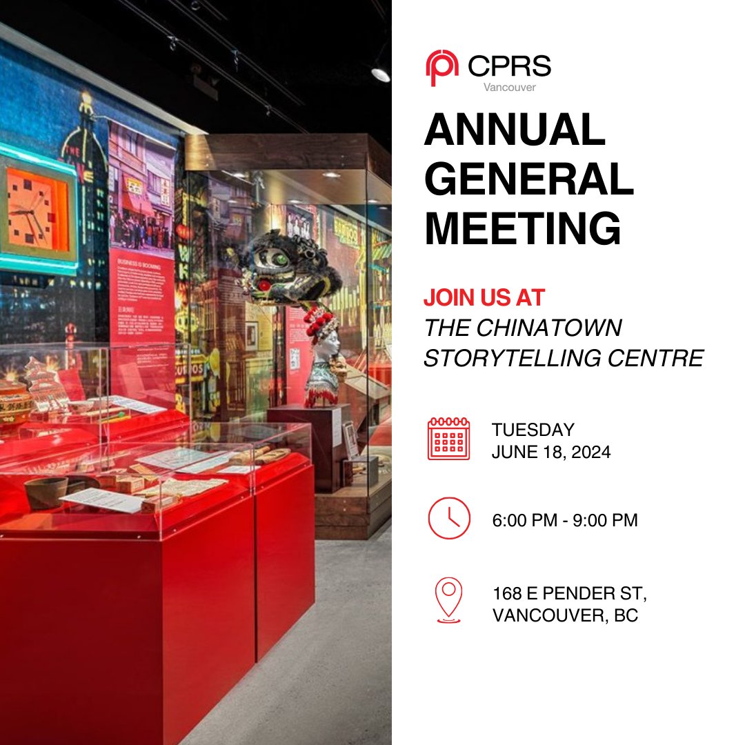 If you are a communications professional, don't miss the opportunity to enjoy a delightful evening with the CPRS community at the CPRS Vancouver Annual General Meeting on June 18!

Secure your spot today: bit.ly/4ahhD5y.