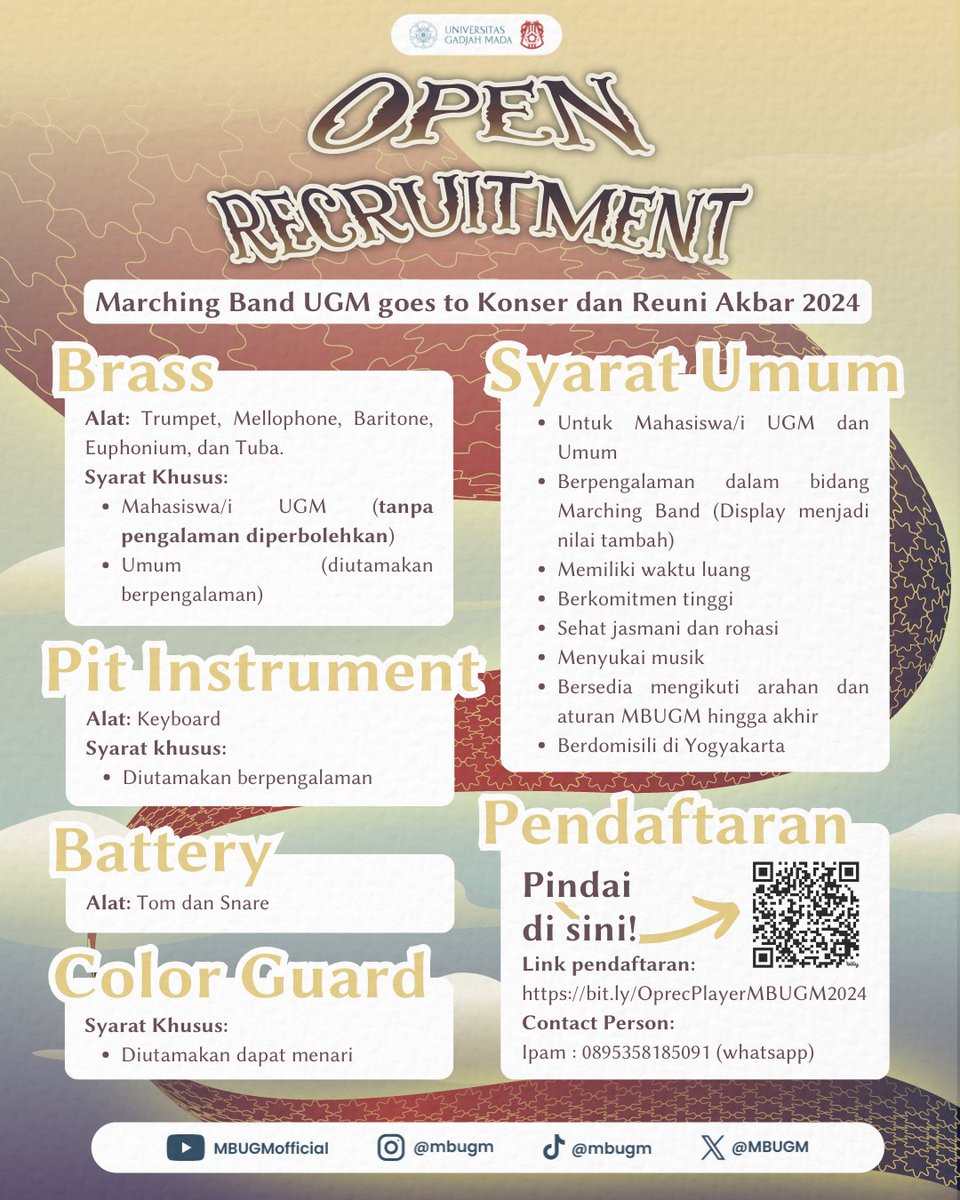 MBUGM's tweet photo. [OPEN RECRUITMEN PLAYER]

SP MW MAIN DI MBUGM???? PSTINYAA KEREN BGT NNTI PROGRAMNYAA!!! GASS DAFTARR🥳🥳 

✨TERBUKA BUAT UMUM LOCHH✨

Klau mw nanya nanya boleh dm etmin dulu yh😏

#MarchingBand #MarchingBandJogja #MBUGMKerenJos https://t.co/7XzEPBniGs