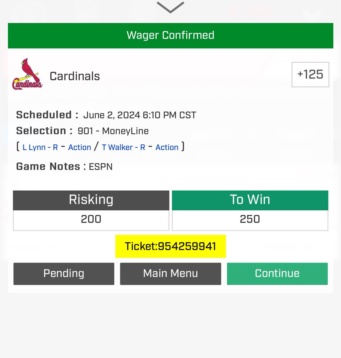 BettingWithBush's tweet photo. CASH THE BIGGG BET TODAY 💵🤌

💵Cardinals ML +124 2u⭐️
💵Cardinals +1.5 -150 2u⭐️

Told my guys +1.5 but I took ML 2x lmao 

That game took years off my life

This is why you bet with bush 💙 https://t.co/v5nWDQjrBh