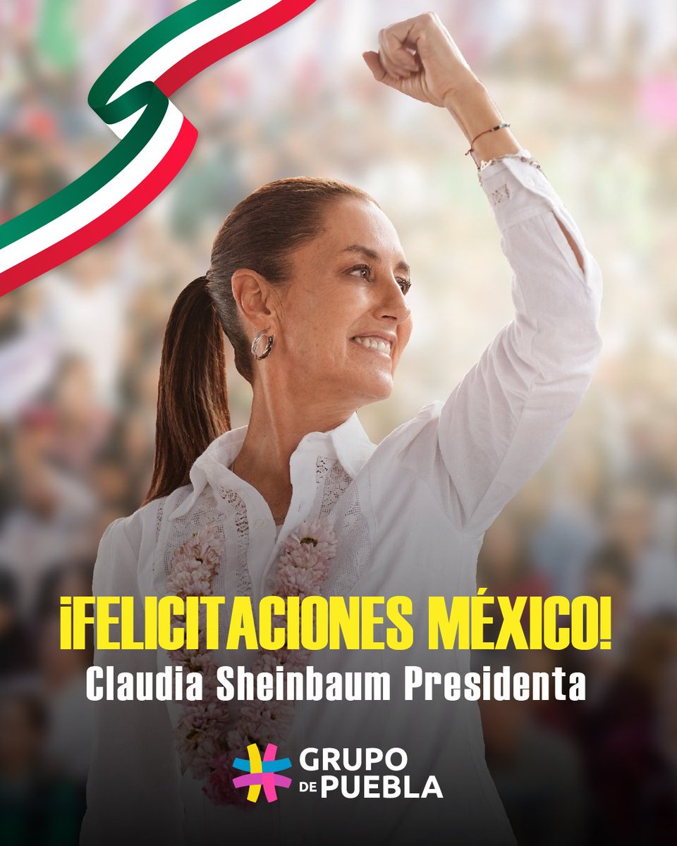 ¡FELICITACIONES A LA PRESIDENTA ELECTA DE MÉXICO CLAUDIA SHEINBAUM! 🙌🇲🇽
Un día histórico para la democracia de este país, con el proceso electoral más grande de todos sus tiempos y con la elección,  por primera vez, de una mujer como presidenta.
