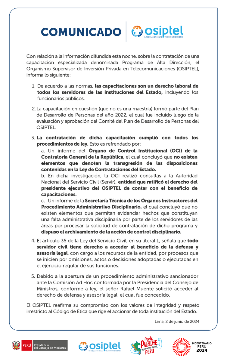 OSIPTEL's tweet photo. [#COMUNICADO] 🚨 Con relación a la información difunda esta noche, sobre la contratación de una capacitación especializada denominada Programa de Alta Dirección, el OSIPTEL informa lo siguiente. 👇🏽 https://t.co/wSke3X3kSf