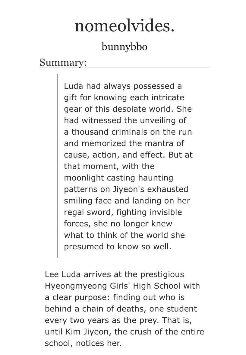 🗝️ nomeolvides.
— kim jiyeon / lee luda
— 11k, 1/3
— mystery w/ supernatural elements
— academic setting
— slow burn

archiveofourown.org/works/56369104…