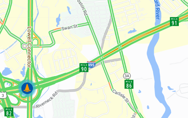 MassDOT's tweet image. This week in #Chelmsford #Lowell overnight lane closures on I-495 NB, between the Route 3A overpass and Route 38 interchange for resurfacing work. Lane closures 6/2 through 6/28, occurring Sunday through Friday, between the hours of 8:00pm to 5:00am nightly.
