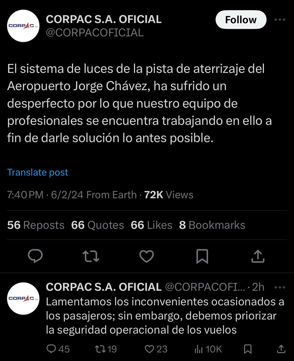 ¡Caos en el cielo peruano! El aeropuerto Jorge Chávez ha colapsado. Las luces de la pista de aterrizaje están fuera de servicio. ¿Para qué sirvió la inauguración de la segunda pista de aterrizaje? @presidenciaperu Ineptitud total