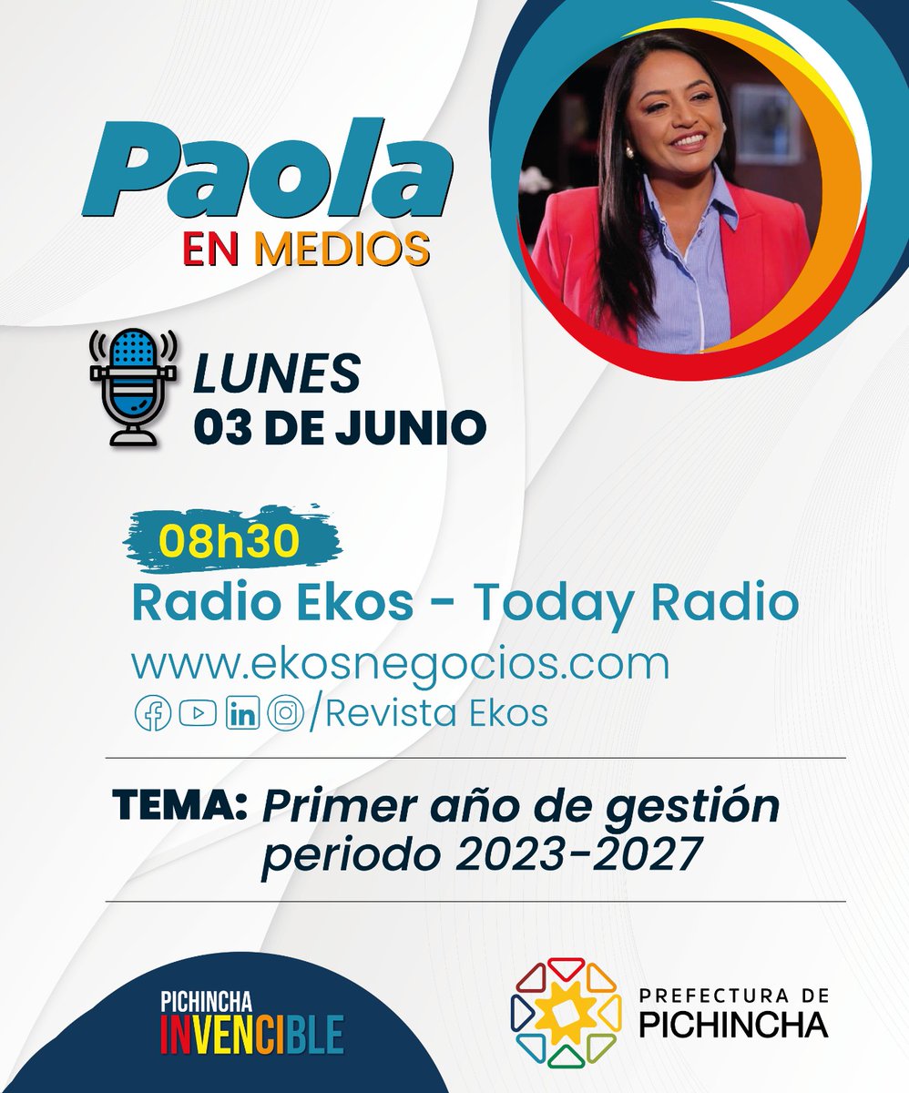 #PichinchaEnMedios 📻| Este 03 de junio, ⏰ a las 08h30, la prefecta @PaolaPabonC, en entrevista con Radio Ekos-Today Radio, hablará sobre su primer año de gestión 2023-2027.